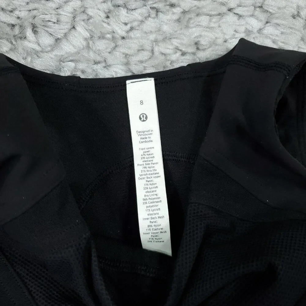 Lululemon Mesh Panelled Training Shelf Tank Top Size 8 Black Lined